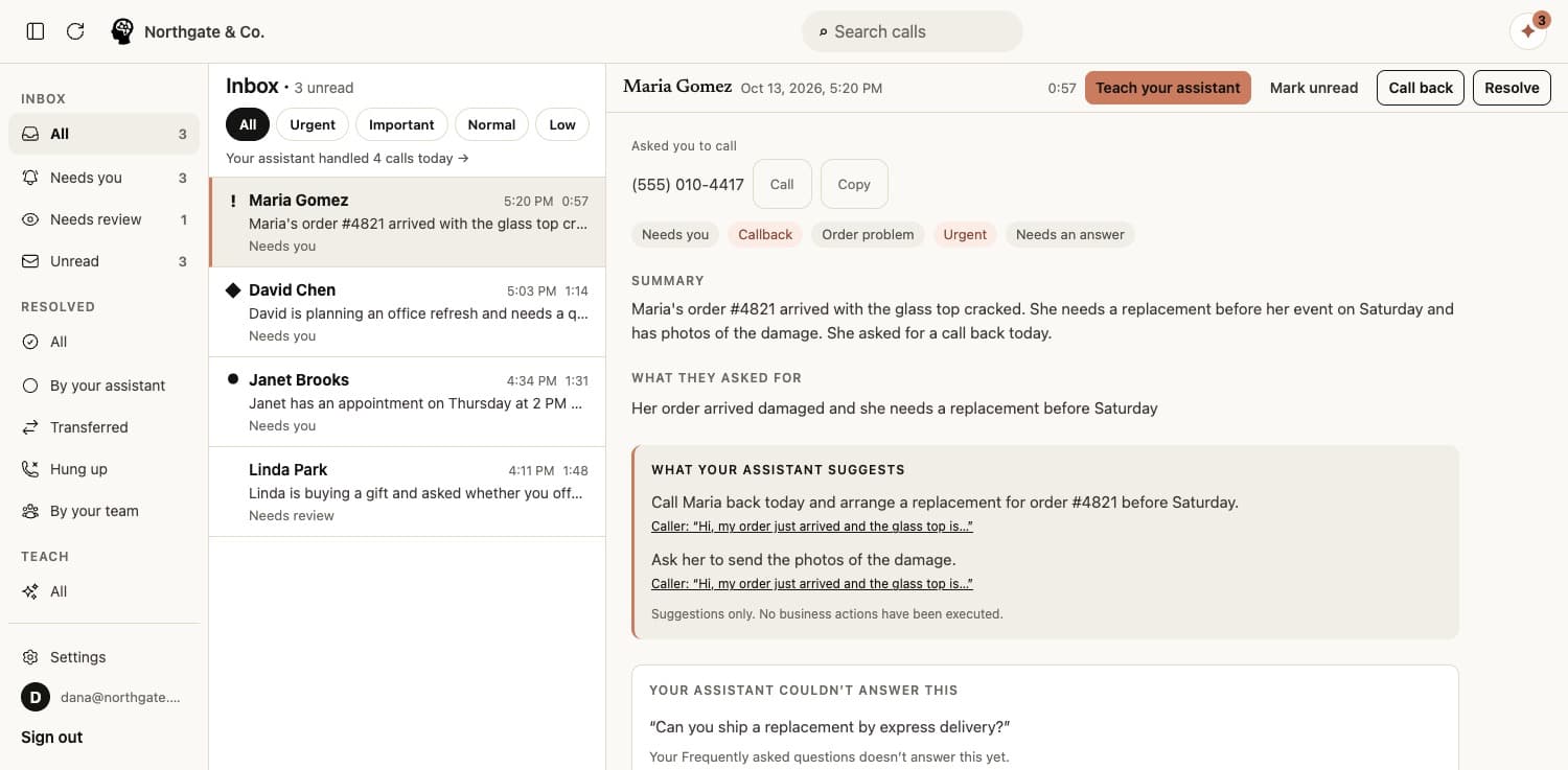 One call written up: tags for Needs you, Callback, Order problem and Urgent, a summary of a damaged order, what the caller asked for, and suggested next steps, each linked to the caller’s own words.