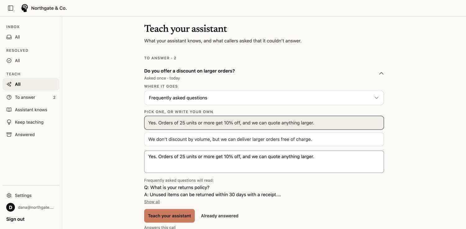 Teach your assistant: a question a caller asked that it could not answer, two drafted answers to pick from or rewrite, and a button to approve it.