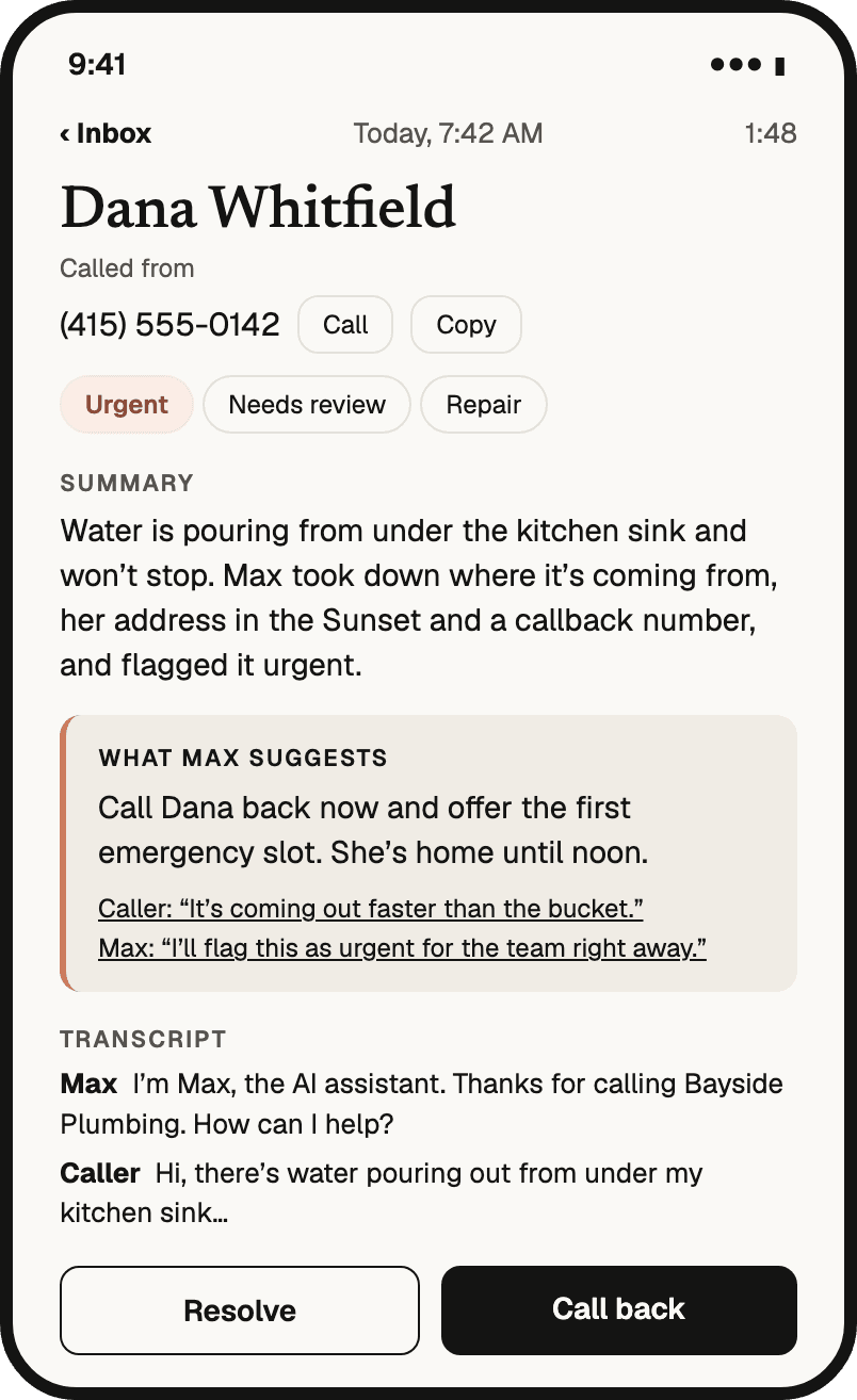 One call on a phone: marked Urgent, a summary of the leak, what the assistant suggests with the caller’s own words, the transcript, and Resolve and Call back buttons.