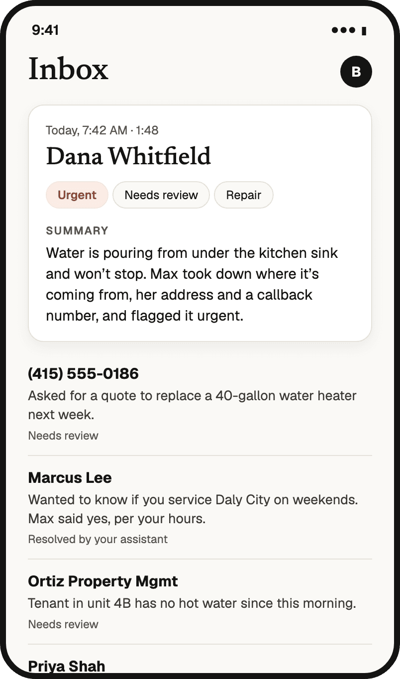 The Phoneman inbox on a phone: an urgent call about a leak under a kitchen sink, written up, above calls that need review and one resolved by the assistant.