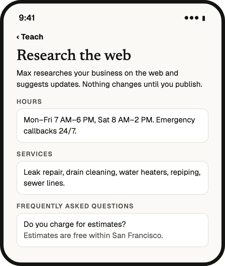Research the web on a phone: the hours, services and a frequently asked question the assistant found on the business’s website, waiting to be published.